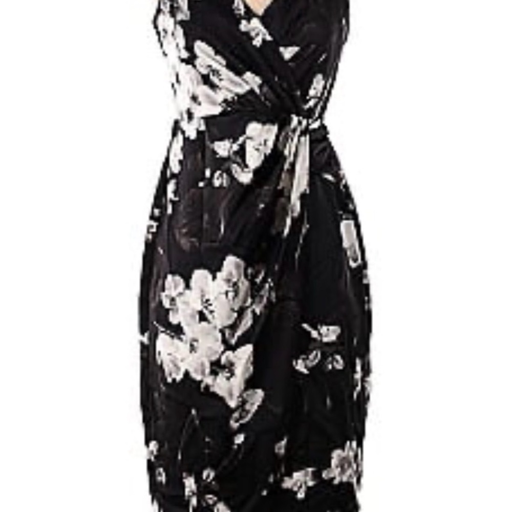 Black Midi Wrap Dress with White Floral Print